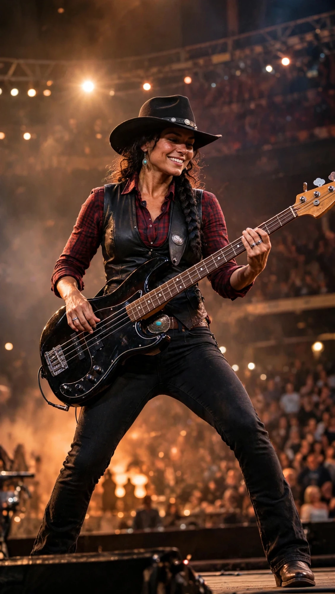 Female bassist playing a black electric bass under amber lights