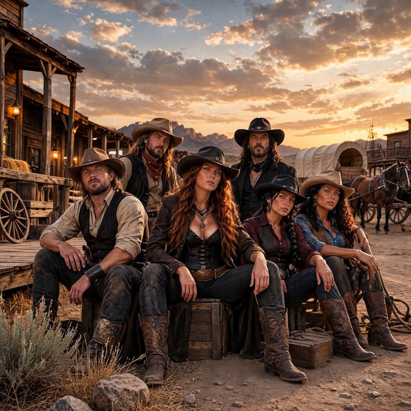 All six Blackspur Saints gathered in a frontier town at sunset
