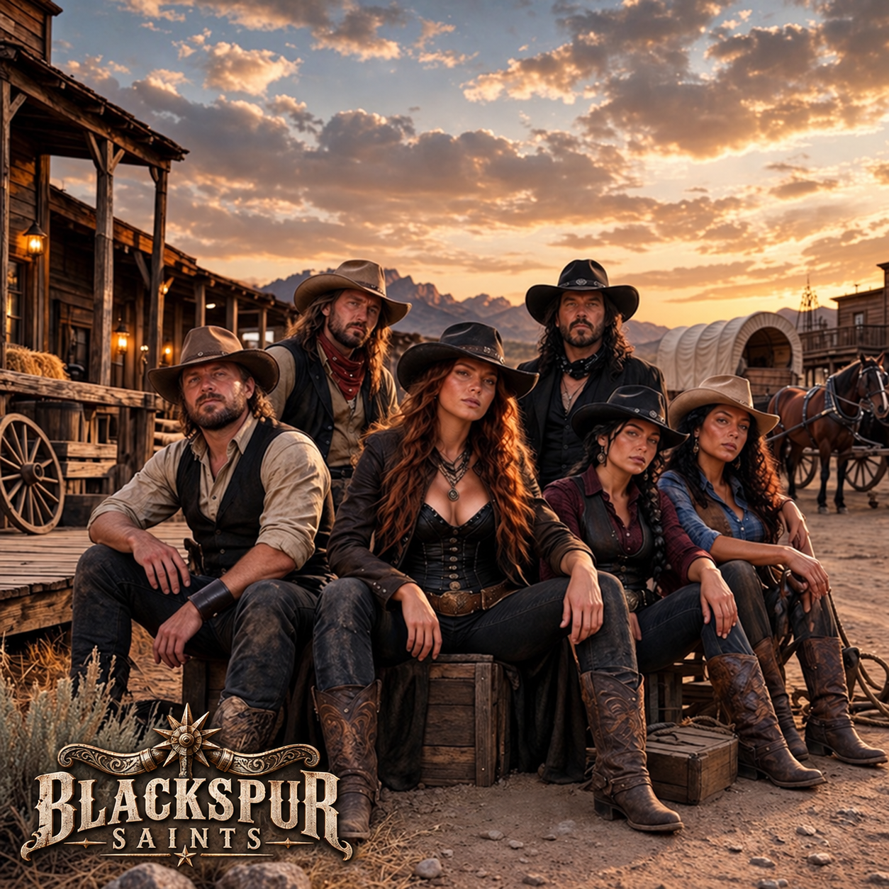 Six-member Blackspur Saints portrait with the band logo