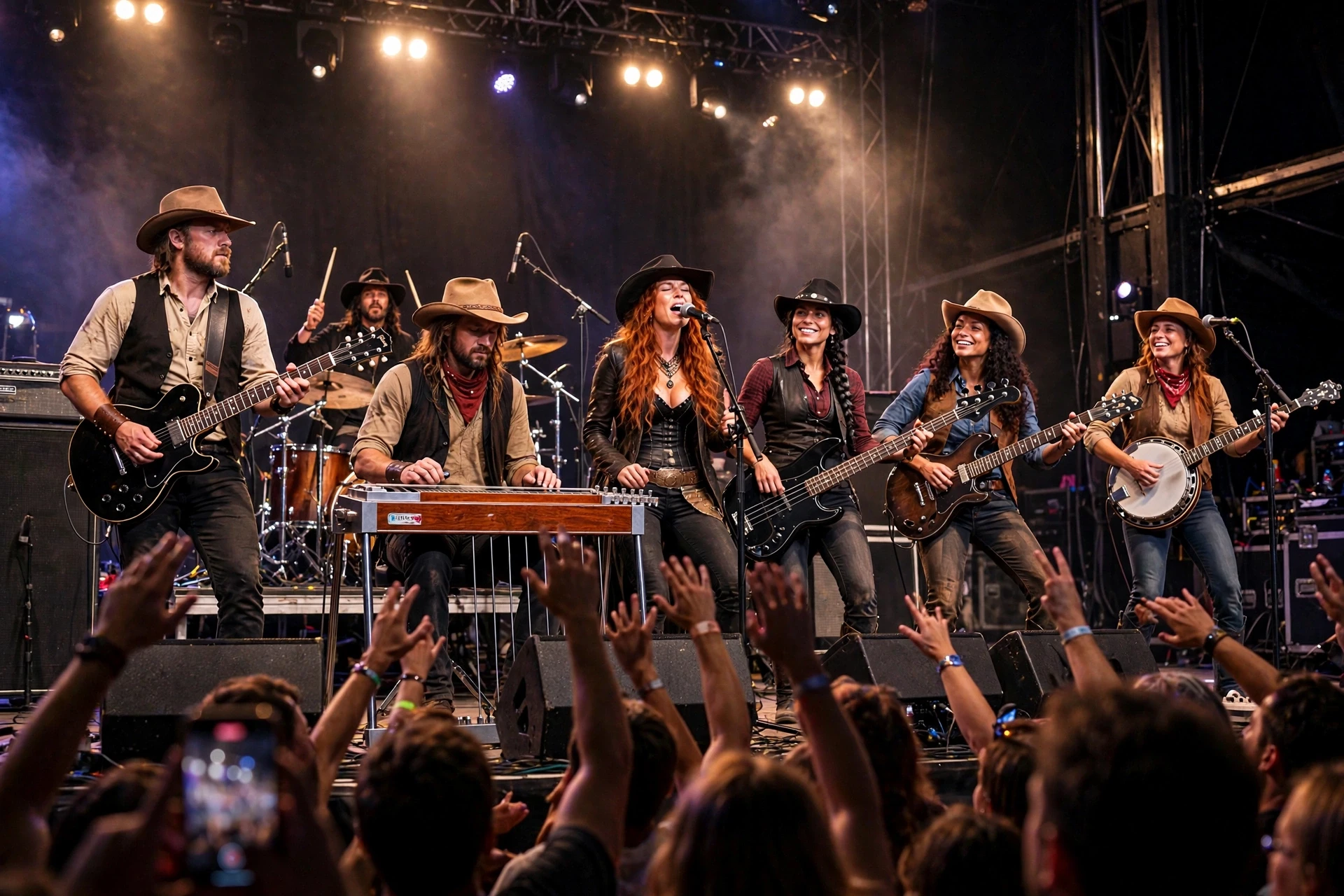 Band performing with raised hands in the foreground