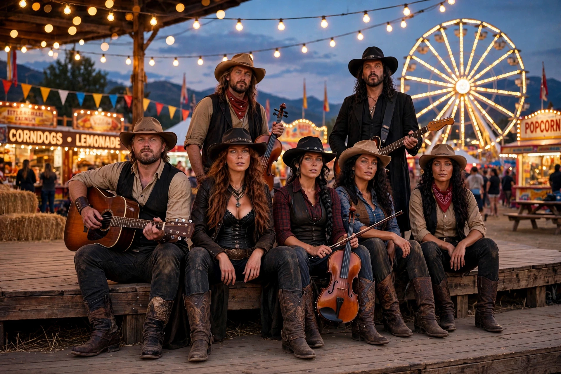 Blackspur Saints gathered beside instruments at a county fair