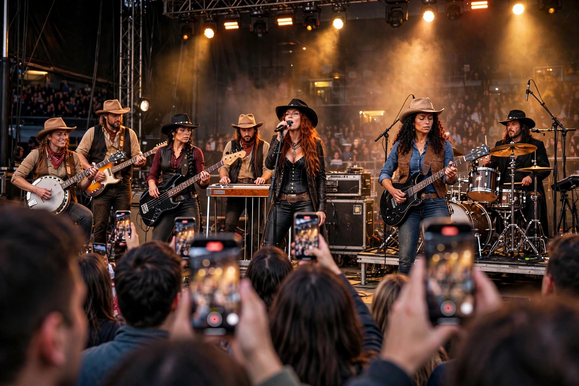 Band seen from the crowd with phones in the foreground