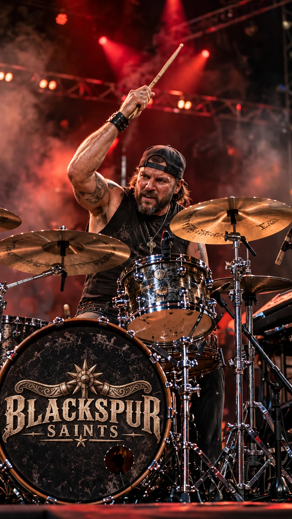 Drummer with a raised stick and Blackspur Saints logo on the bass drum