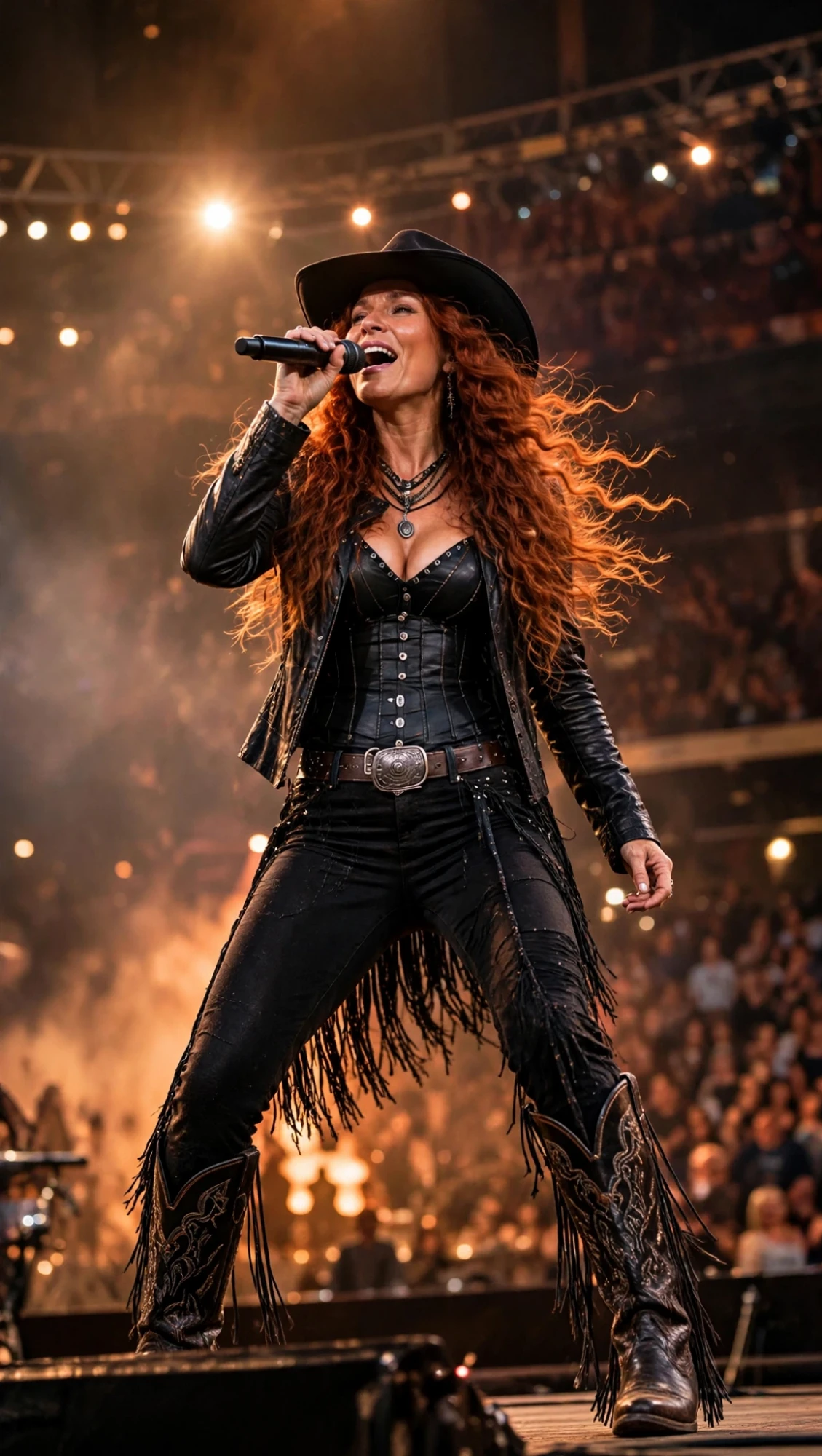 Red-haired female vocalist singing under arena lights