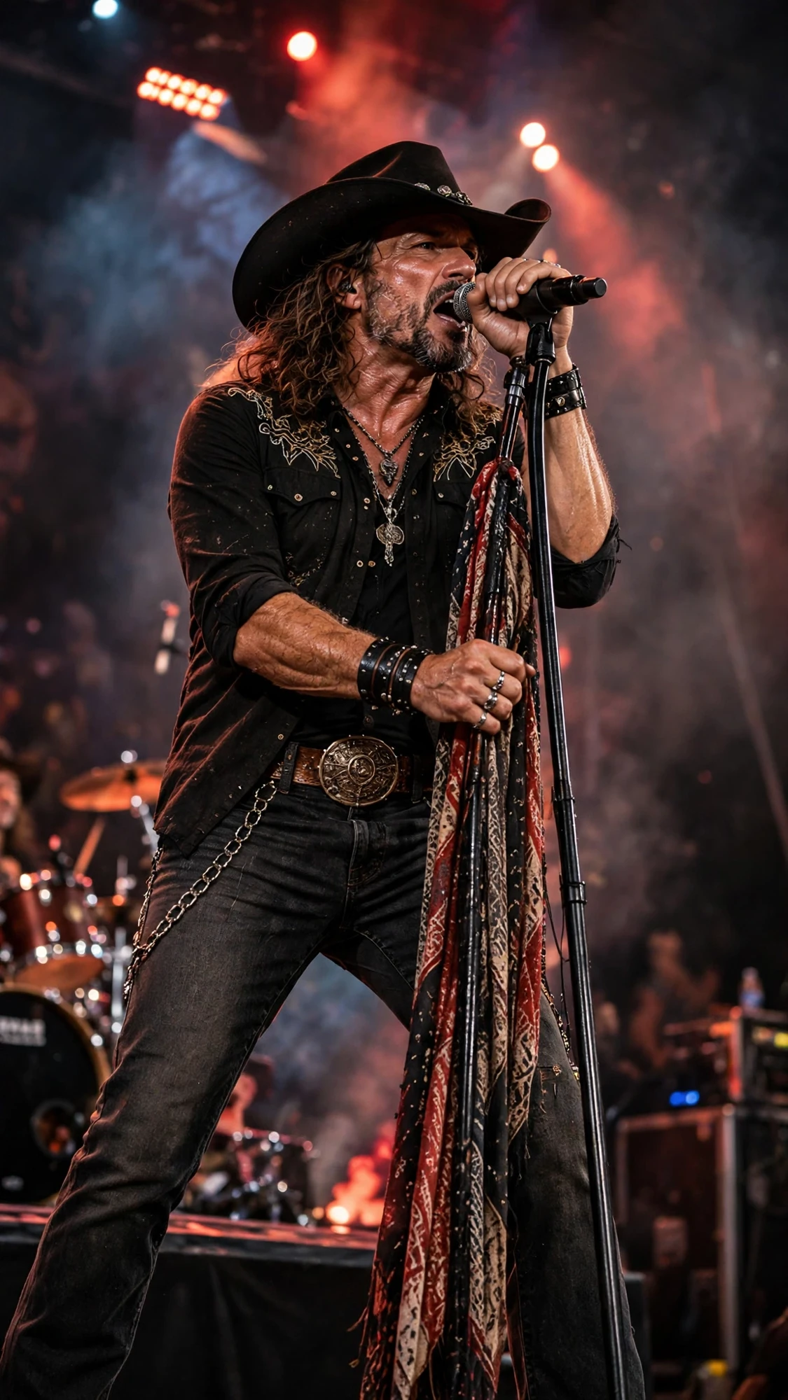 Male vocalist at the microphone under warm stage lighting