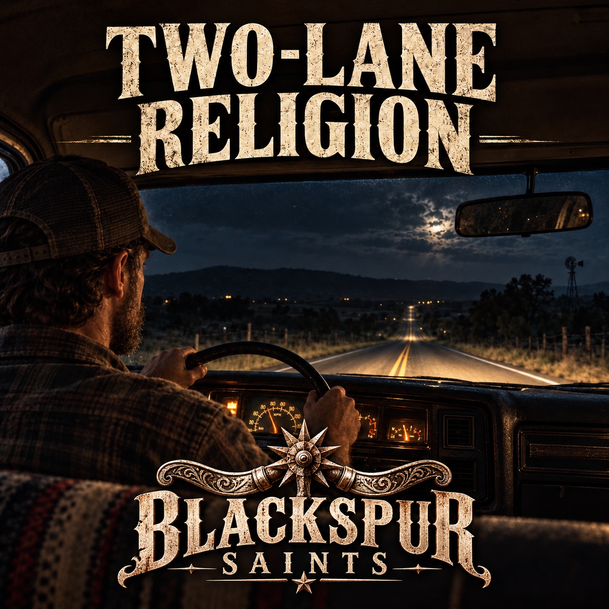 Two-Lane Religion cover: a driver behind the wheel on an open road at night, with Blackspur Saints logo